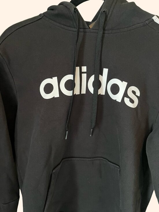 Adidas Black Hoodie 3 Stripe Logo Pullover Size Small - Picture 4 of 6